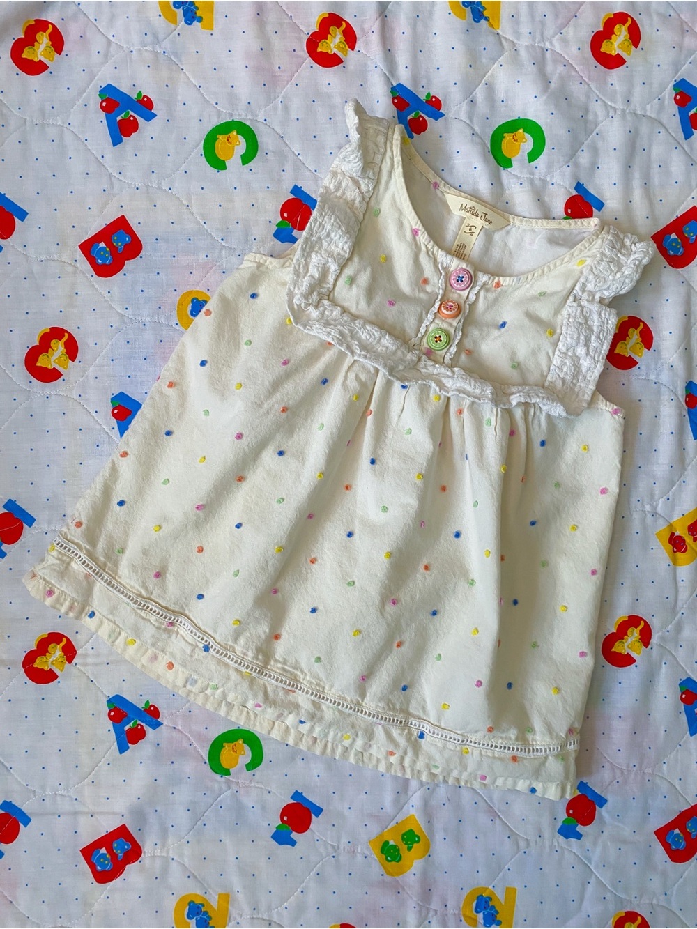 Matilda Jane Cream Swiss Dot Sleeveless Top with Colorful Buttons